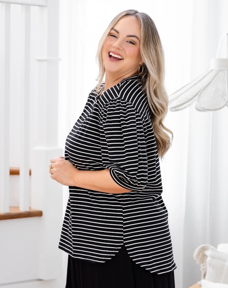 Phoebe Puff Sleeve Tee - Black Stripe - Image 10