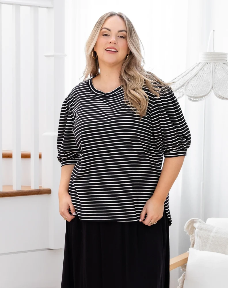 Phoebe Puff Sleeve Tee - Black Stripe - Image 7