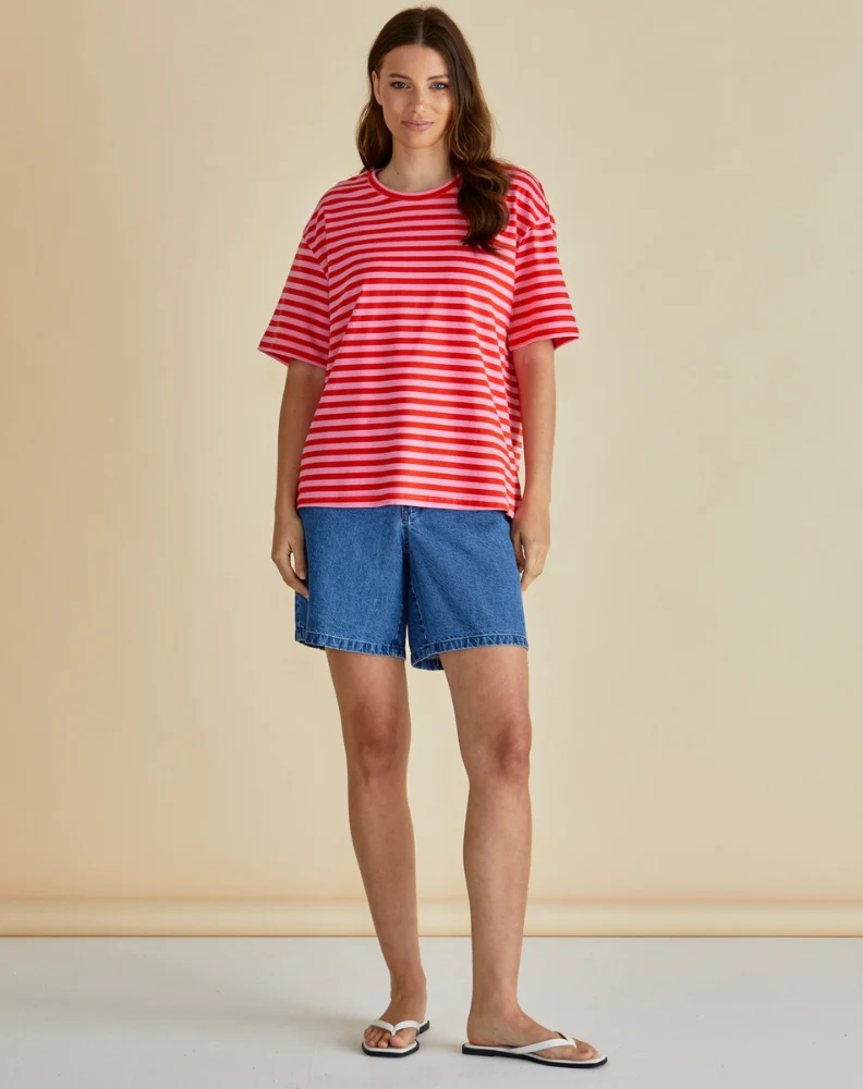 Relax Boxy Tee - Pink/Red Stripe Pink - Image 2