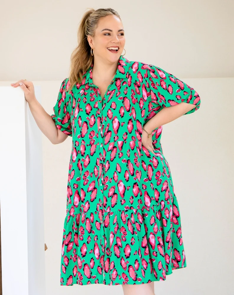 Taylor Shirt Dress - Green/Pink Leopard - Image 4